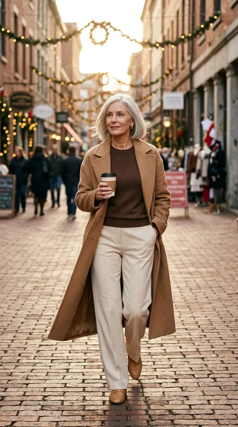 Woman over 50 in camel wool coat and cream wide-leg trousers on a festive street