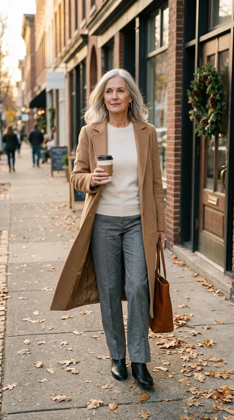 Woman over 50 in camel wool coat, ivory knit and gray trousers on a leafy street