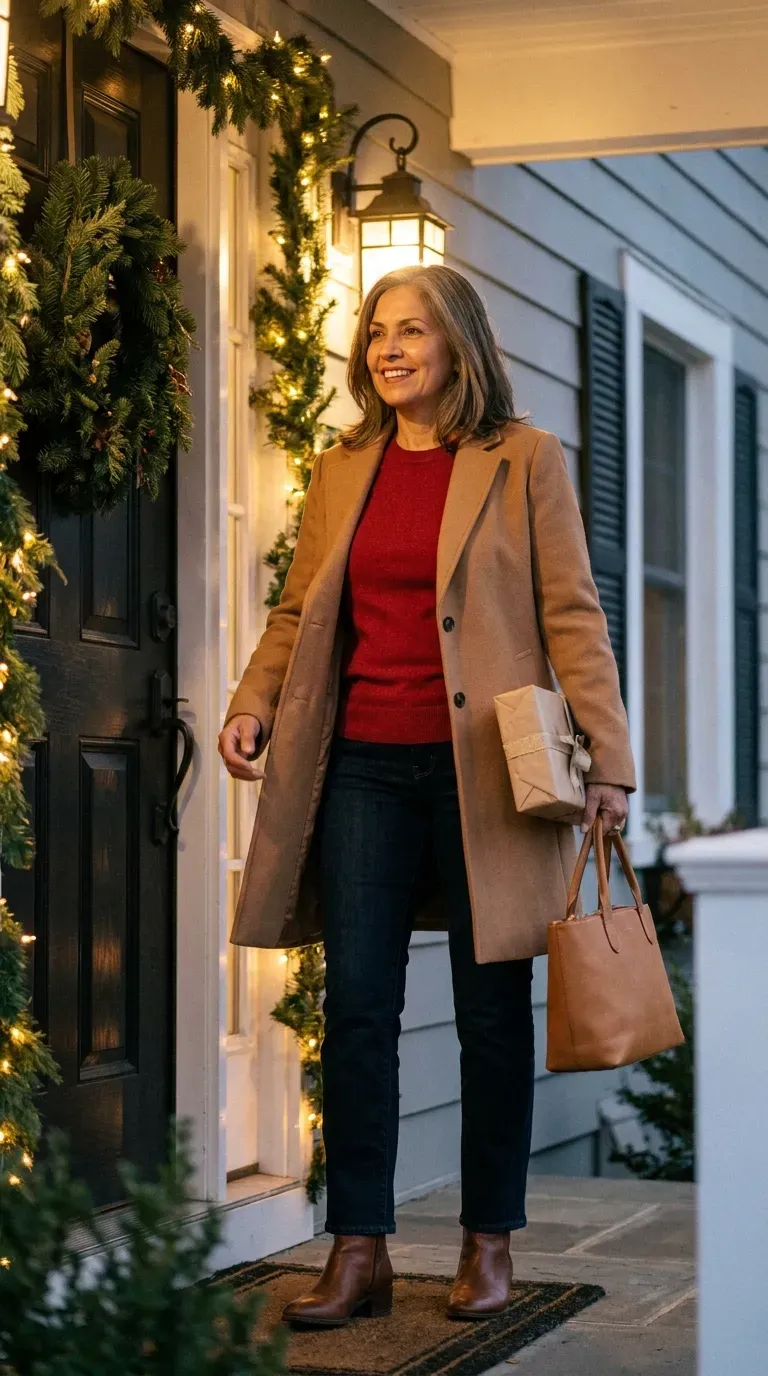 Latina woman in a camel wool coat over a red sweater and dark jeans arriving at a front door