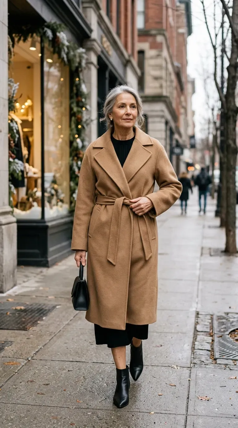Woman over 50 in camel wrap coat and black knit dress walking a festive winter street