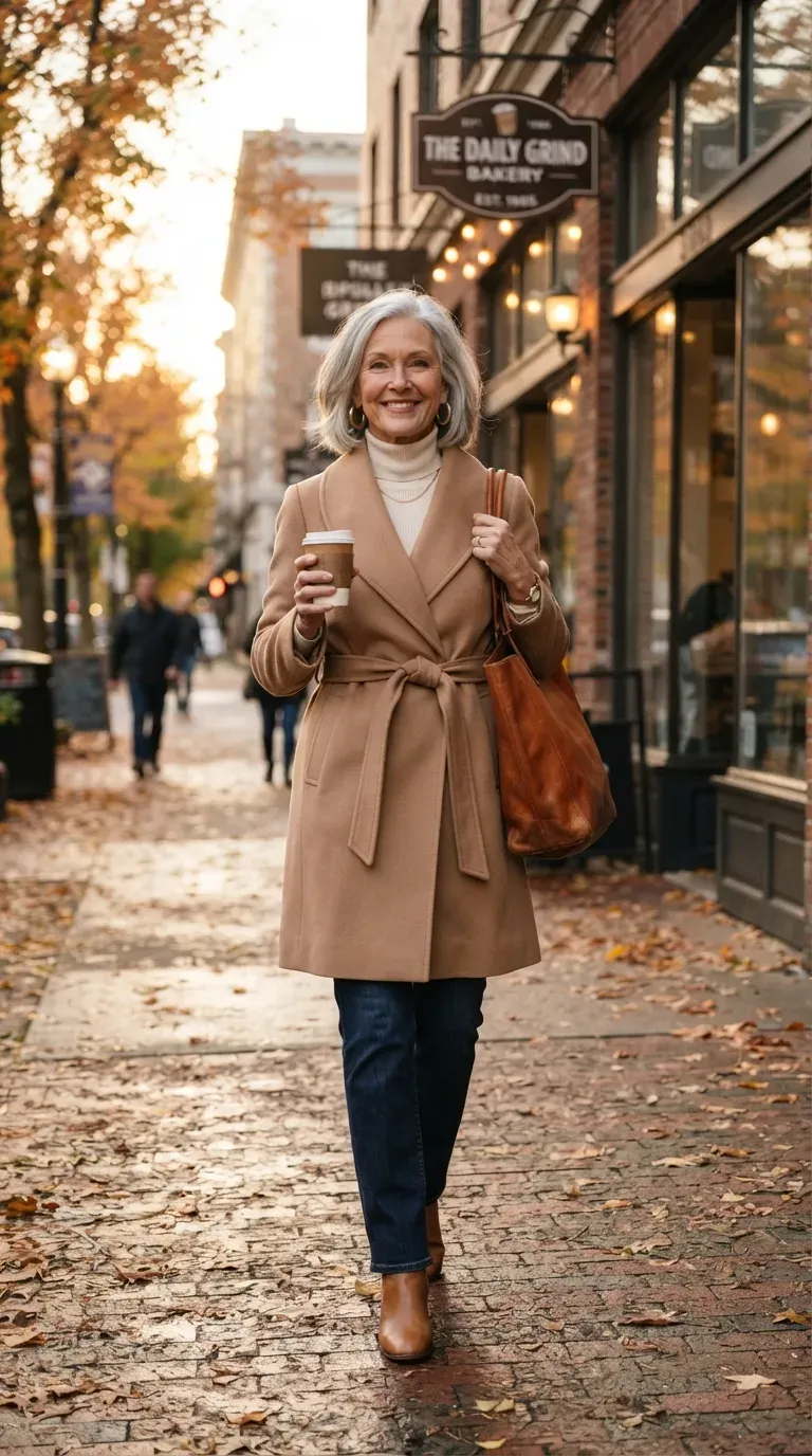 Woman over 50 in camel wrap coat, cream sweater and straight jeans on leaf-lined street