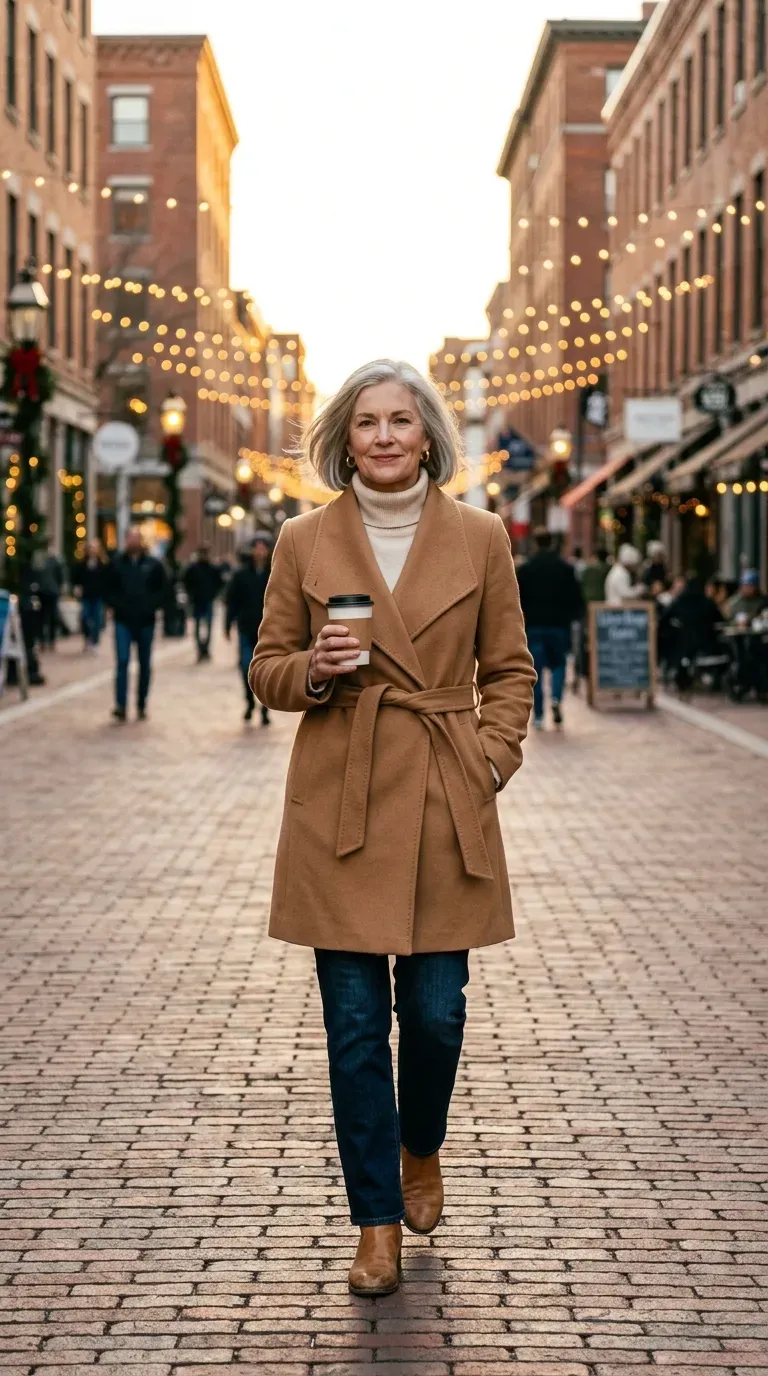 Woman over 50 in camel wrap coat, cream turtleneck and straight jeans on a festive street