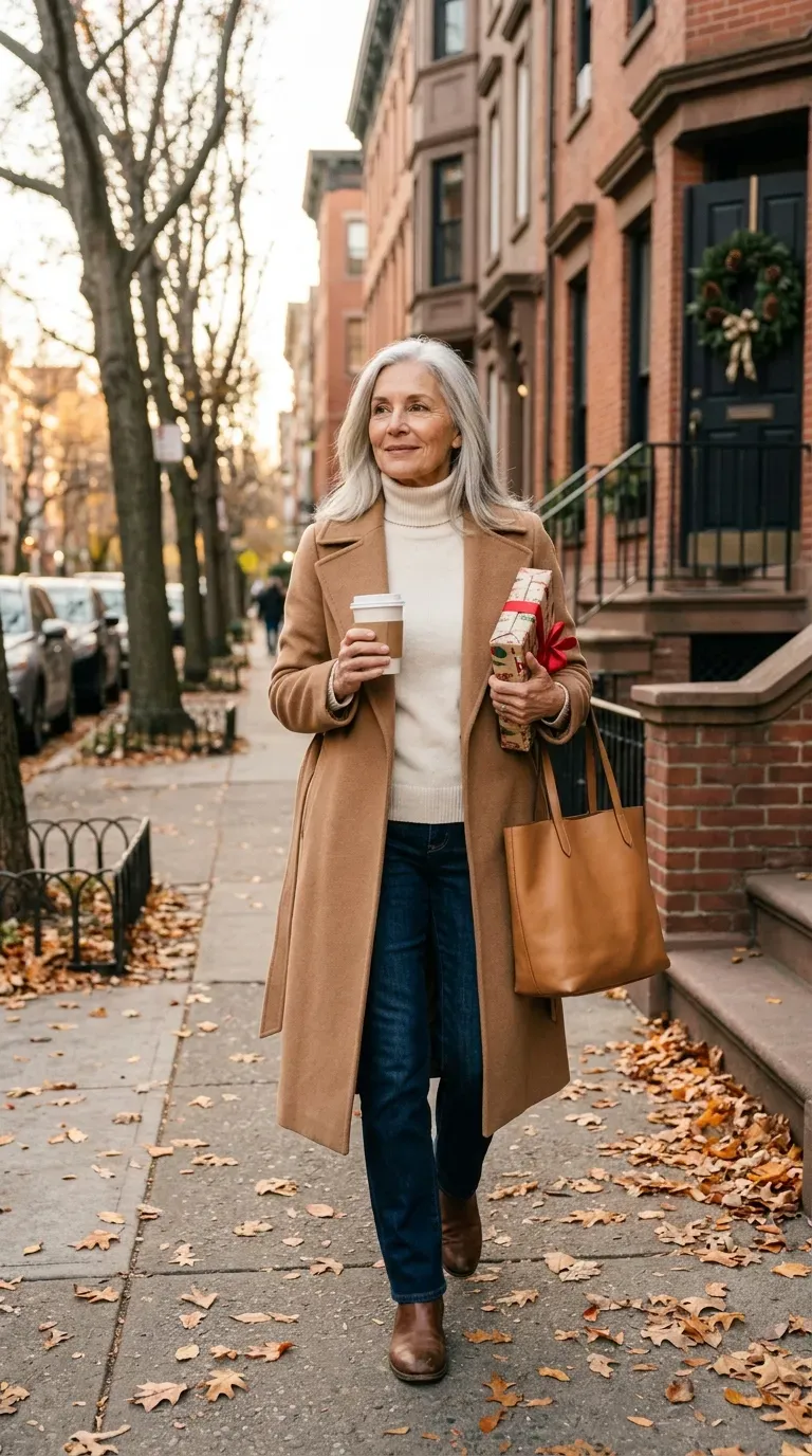 Silver-haired woman in a camel wrap coat, ivory turtleneck and dark jeans on a leafy street