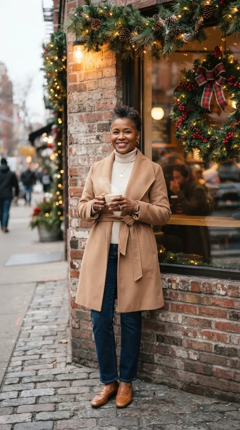 Woman over 50 wearing a camel wrap coat, cream turtleneck and straight jeans beside a decorated cafe window