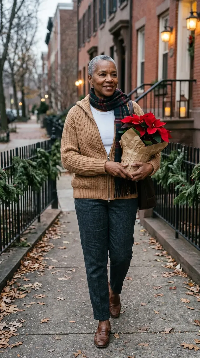 Woman in camel cardigan and gray flannel trousers carrying a poinsettia on a leafy street