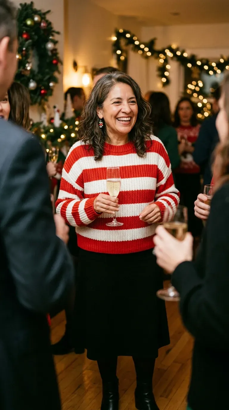 Woman over 50 in candy cane striped sweater, black midi skirt and ankle boots at a festive gathering