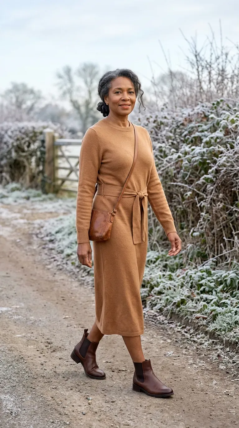 Woman over 50 in caramel knit dress with tie belt and chocolate Chelsea boots on a crisp Christmas walk