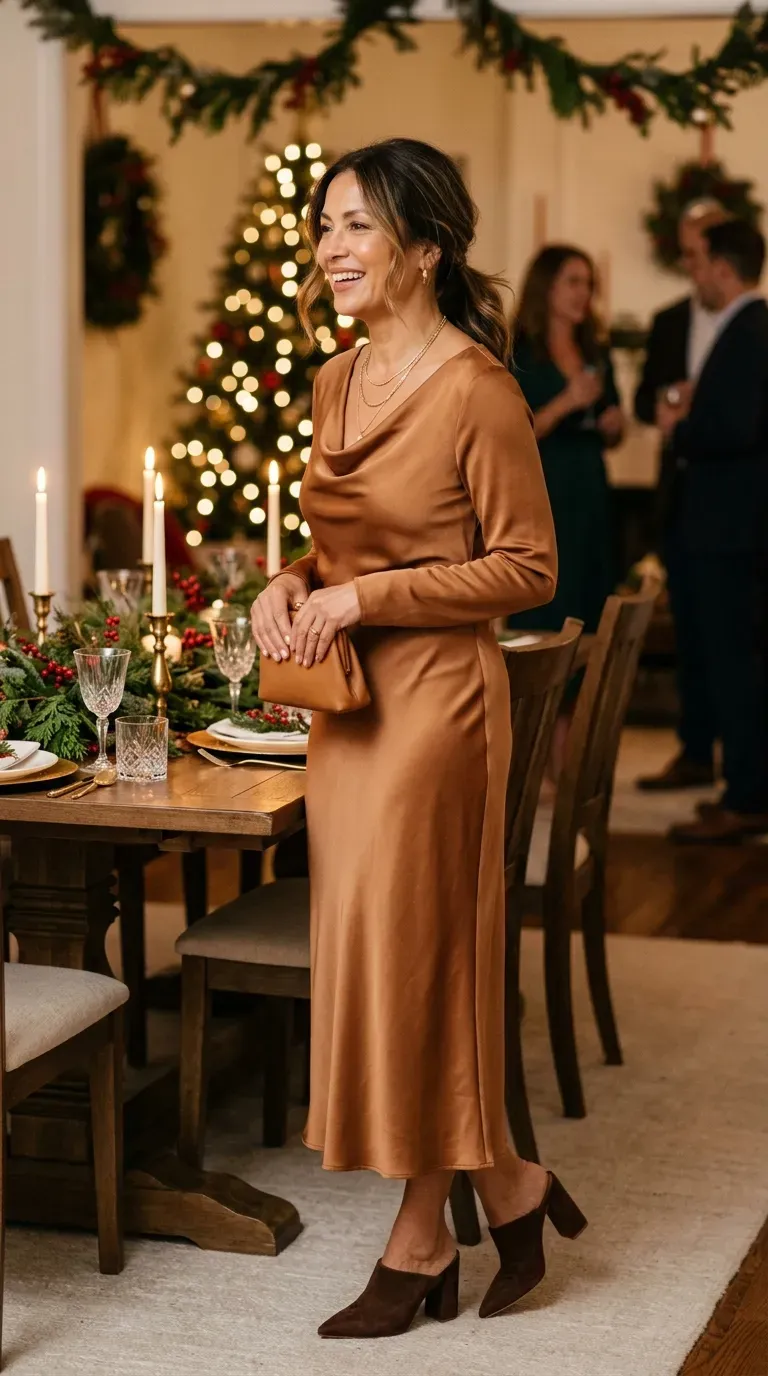 Woman over 50 in caramel satin midi dress and brown heeled mules at an intimate Christmas dinner