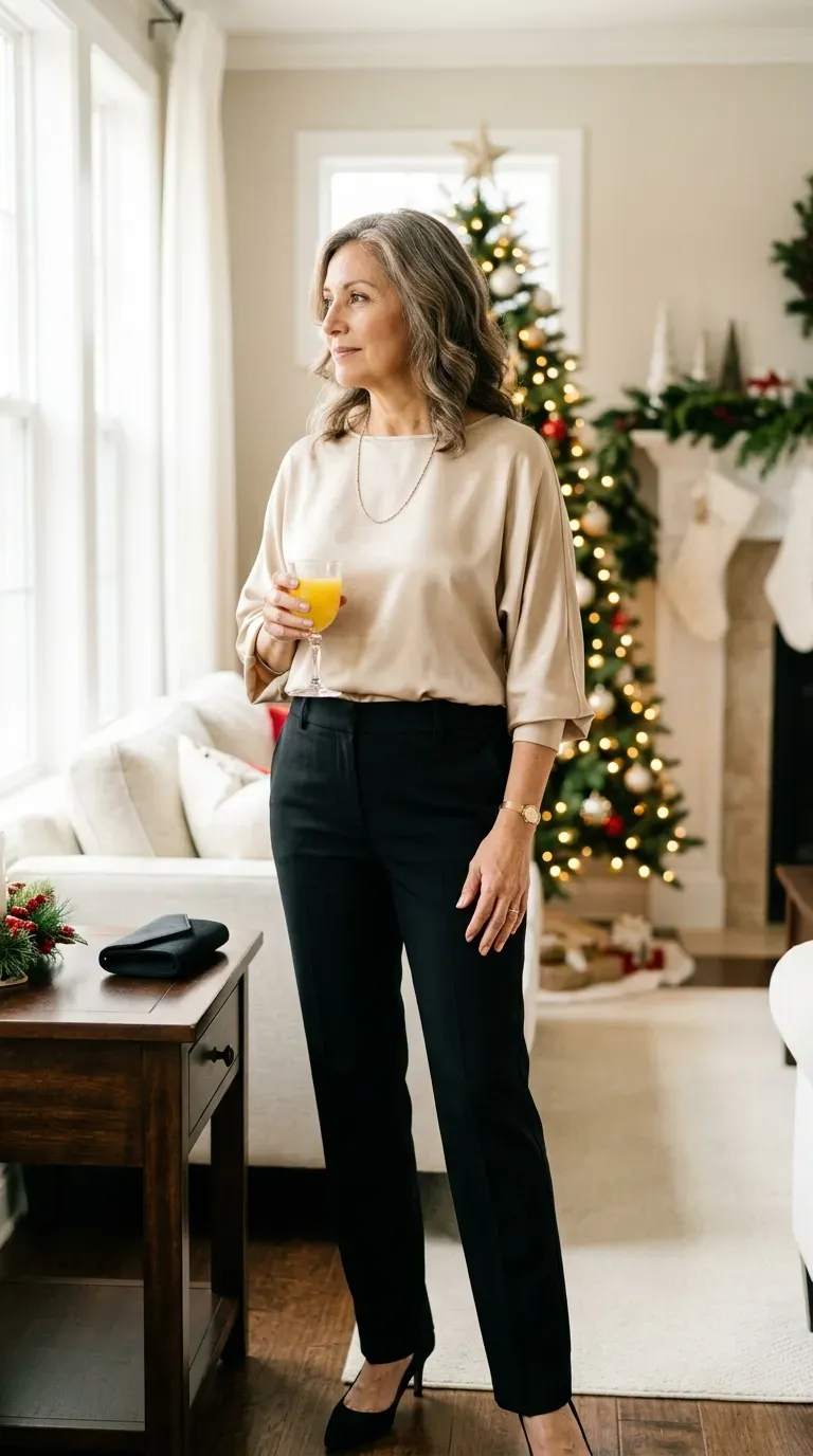Woman over 50 in champagne satin blouse and black trousers at a brunch gathering