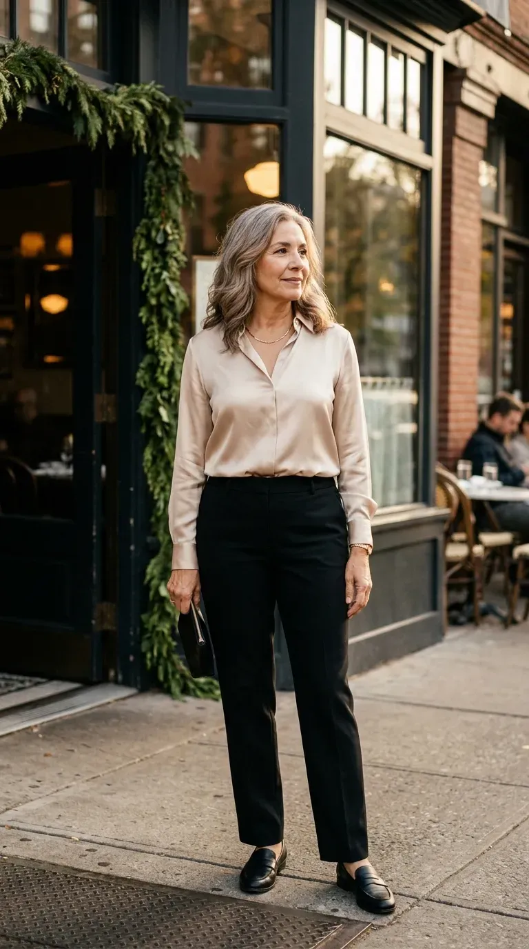 Woman over 50 in champagne satin blouse and black trousers at a lunch