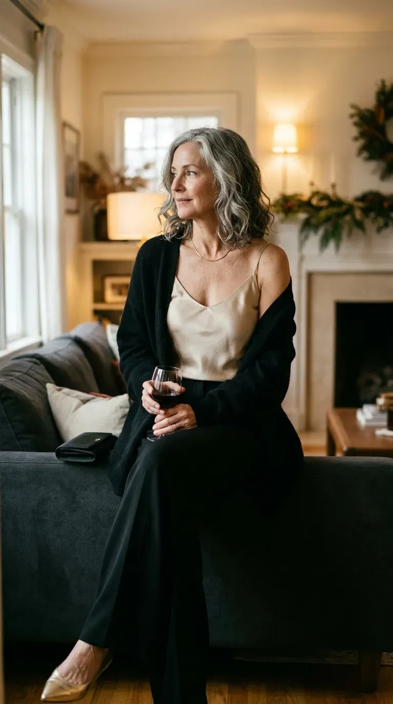 Woman over 50 in champagne satin cami, black cardigan and wide-leg trousers
