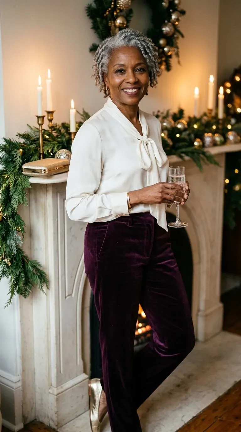 Woman over 50 in champagne satin cami, black cardigan and wide-leg trousers
