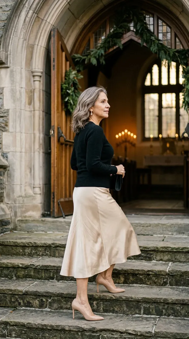 Woman over 50 in champagne satin midi skirt and black cashmere sweater at a church service