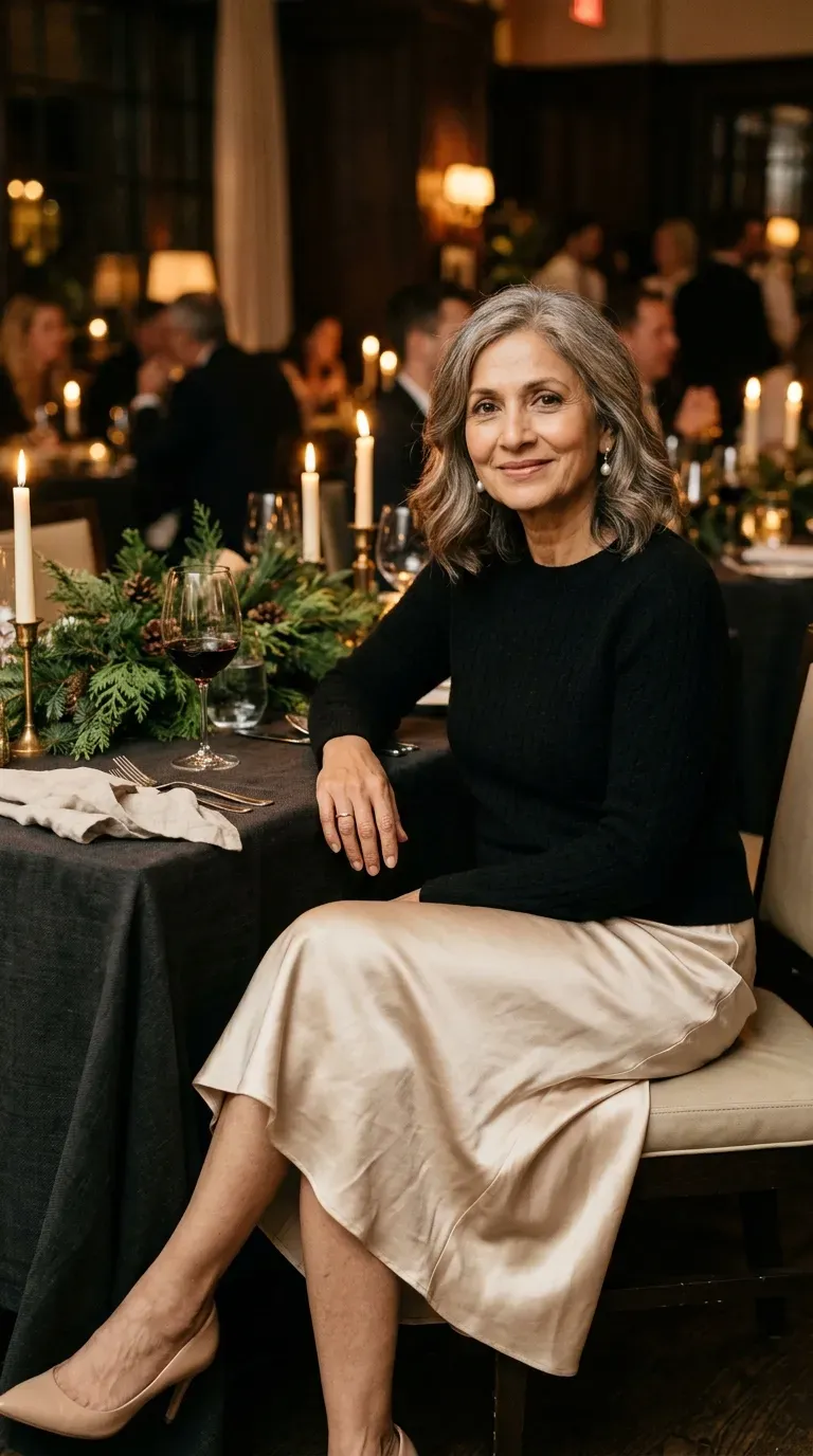 Woman over 50 in champagne satin midi skirt and black cashmere sweater at a candlelit dinner