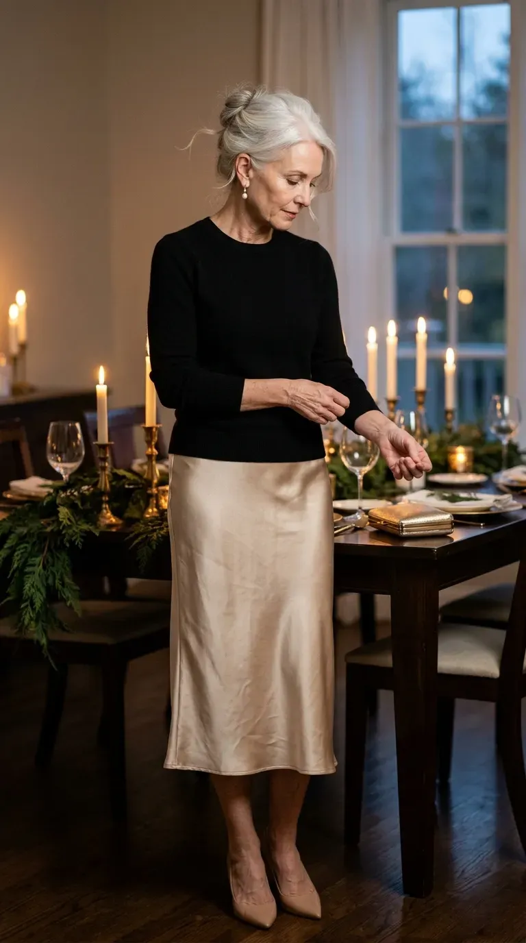 Woman over 50 in champagne satin midi skirt and black cashmere sweater at a candlelit Christmas dinner