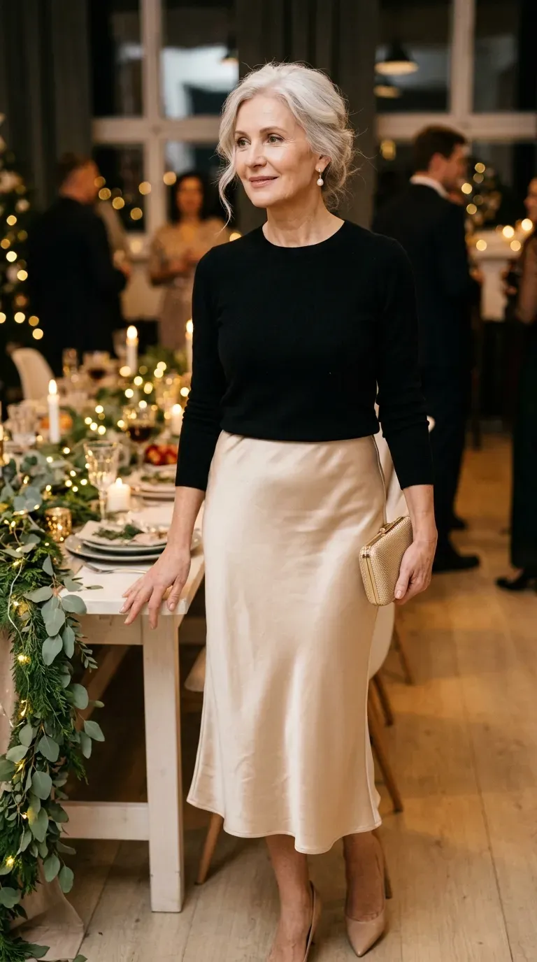 Woman over 50 in champagne satin midi skirt and black cashmere sweater at a party