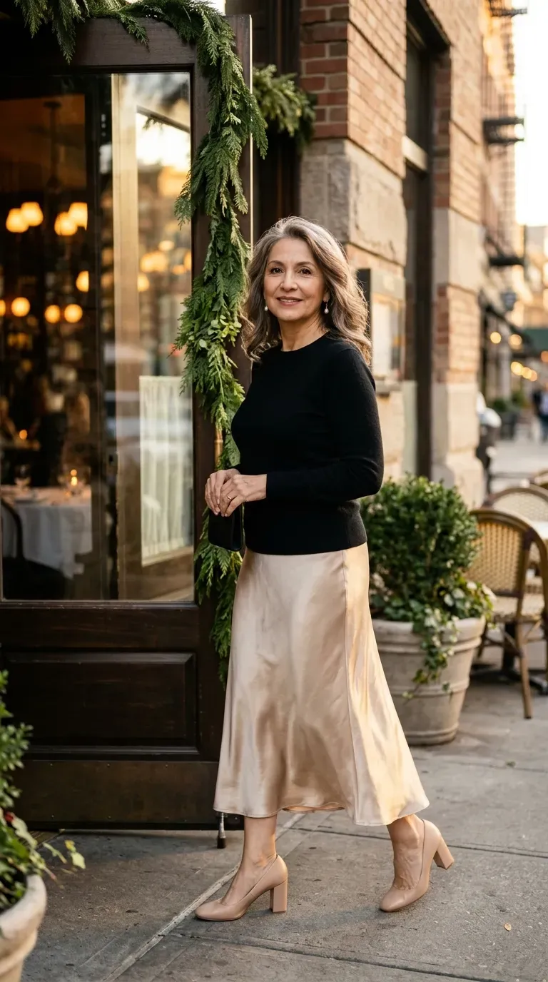 Woman over 50 in champagne satin midi skirt and black cashmere sweater at a lunch