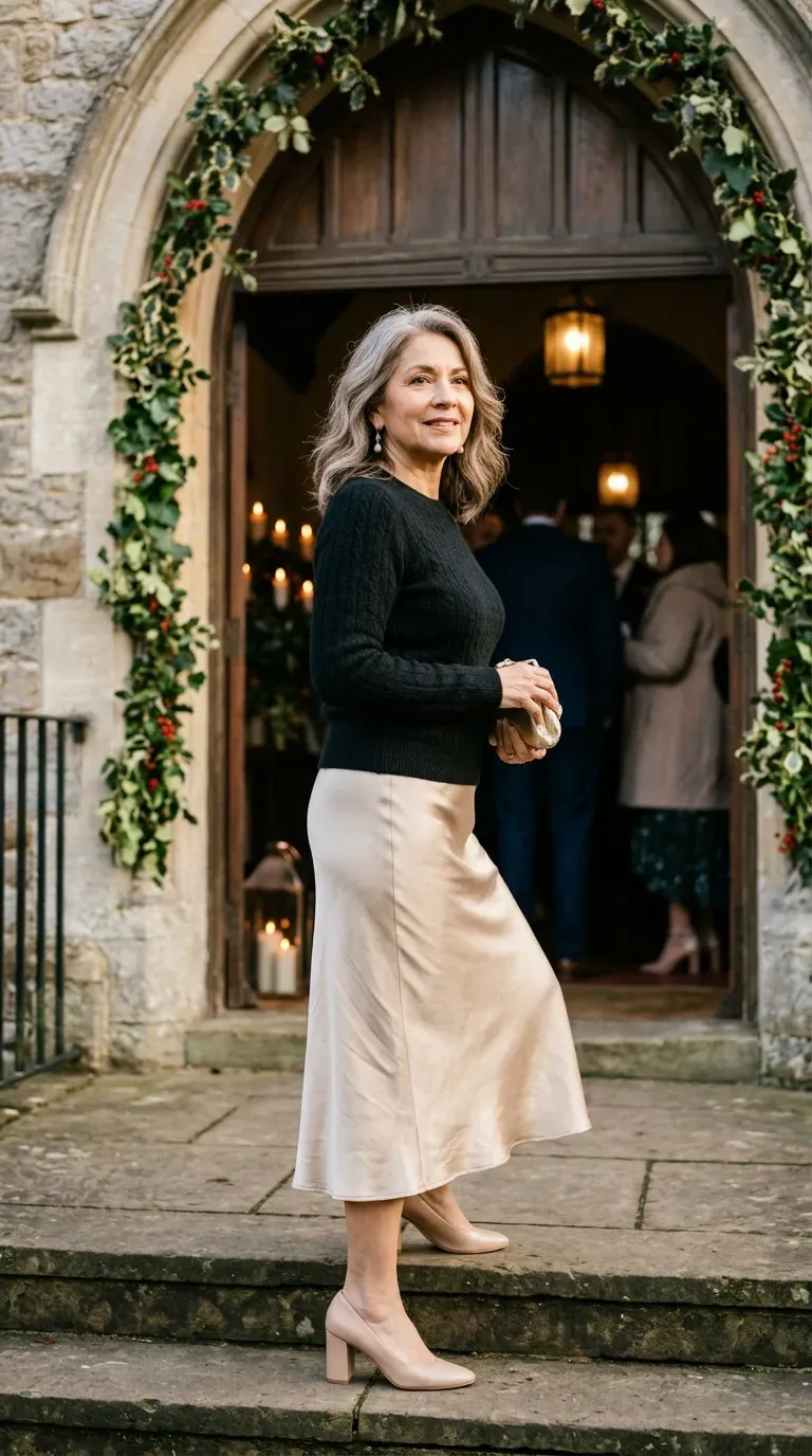 Woman over 50 in champagne satin midi skirt and black cashmere sweater at a Christmas wedding
