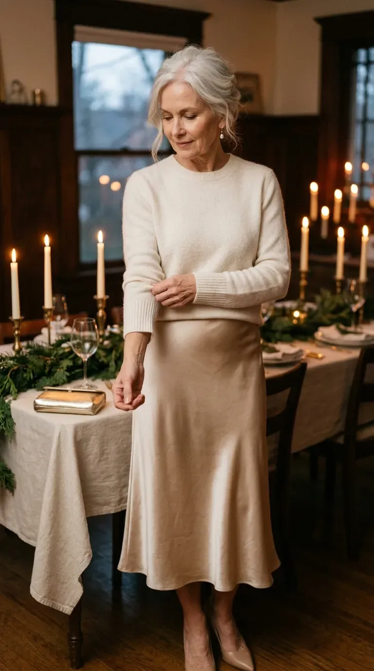 Woman over 50 in champagne satin midi skirt and ivory cashmere sweater at a candlelit dinner
