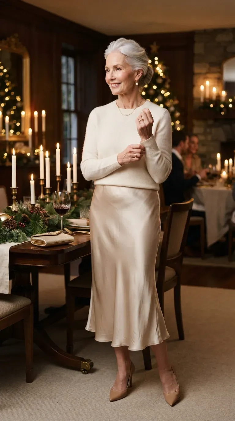 Woman over 50 in champagne satin midi skirt and ivory cashmere sweater at a Christmas dinner