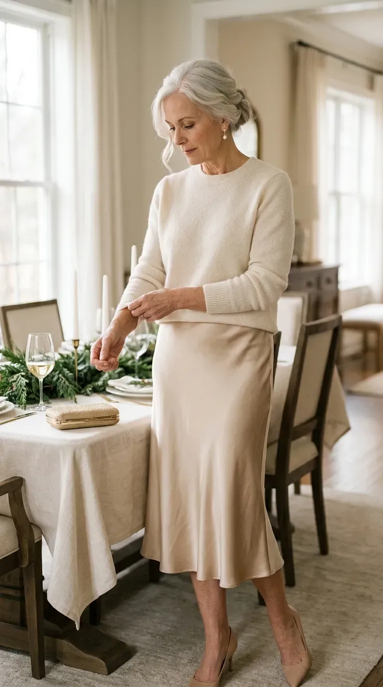 Woman over 50 in champagne satin skirt and cream sweater at a Christmas lunch