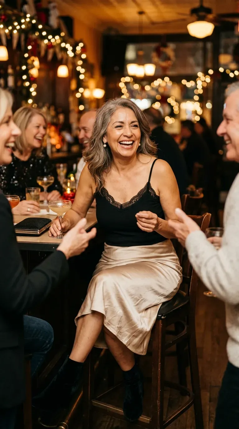 Woman over 50 in champagne satin skirt, black lace cami and velvet boots at a festive bar