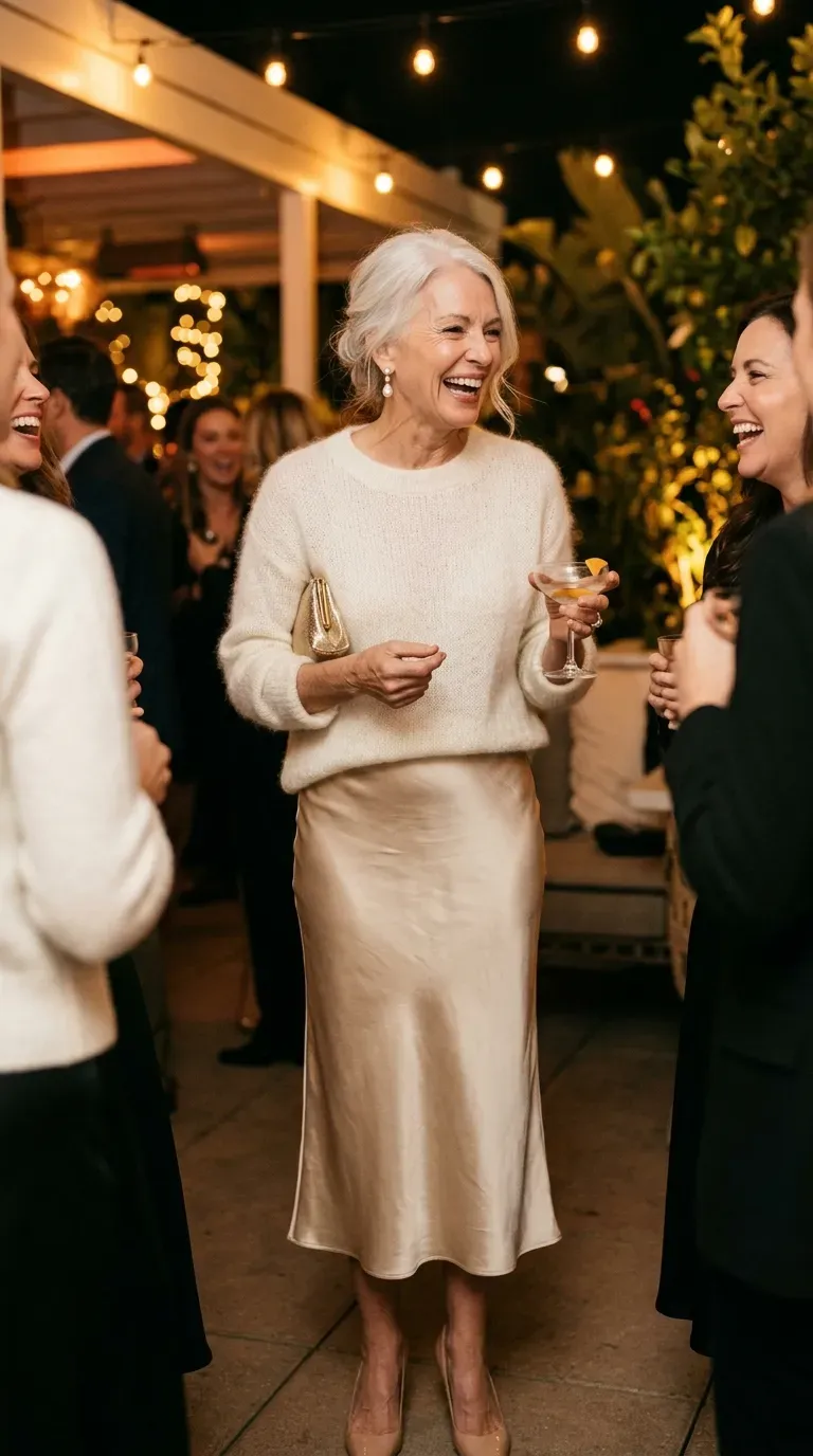 Woman over 50 in champagne satin skirt and ivory mohair sweater at a girls night out