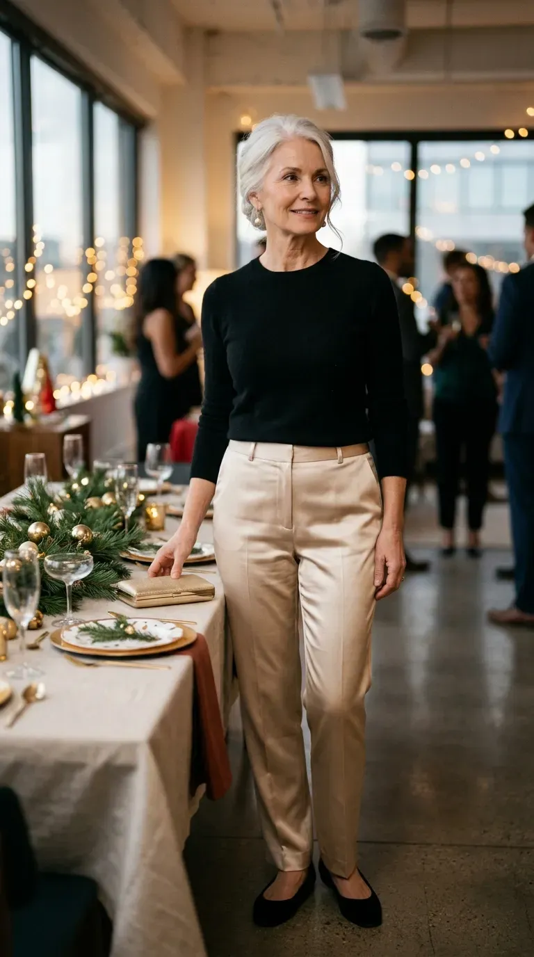 Woman over 50 in champagne satin trousers, black knit and velvet flats at an office party