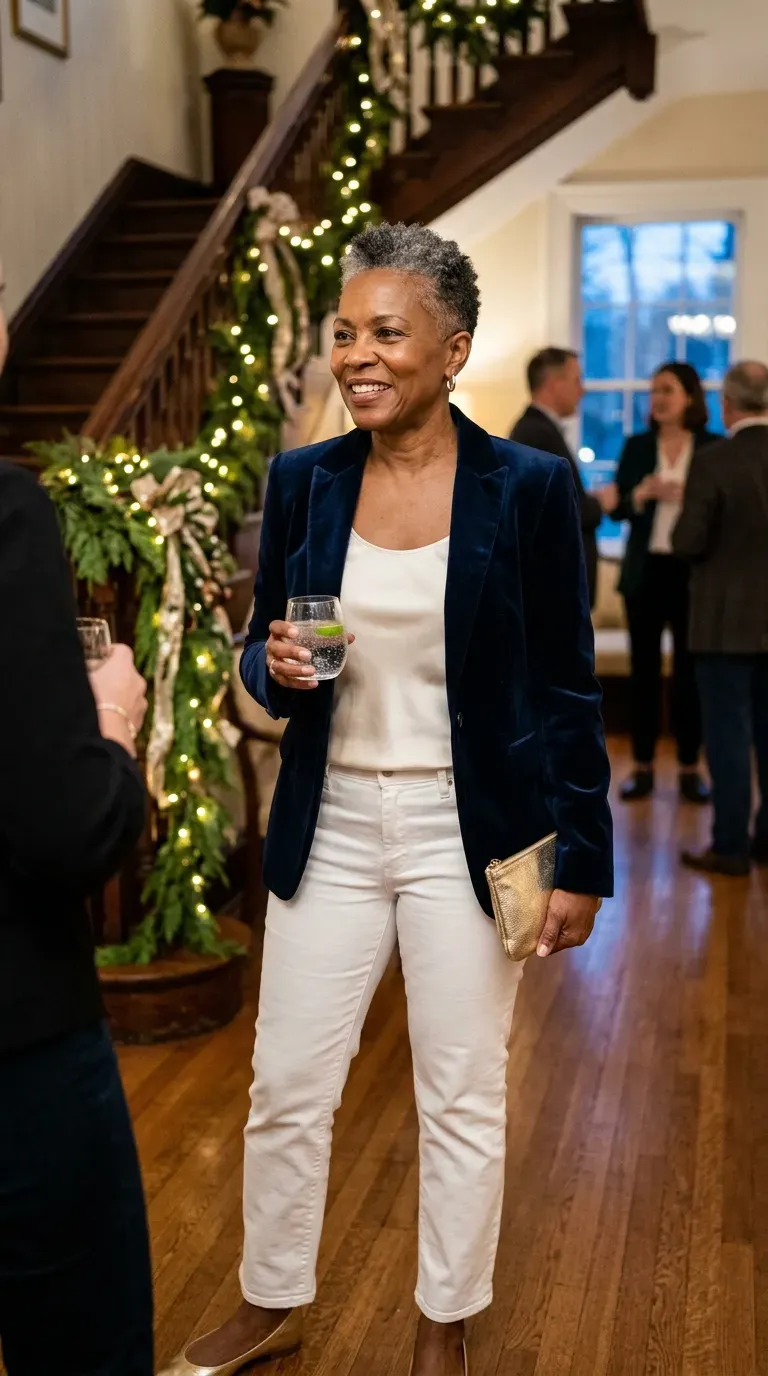 Woman in a champagne sequin midi skirt and black turtleneck at a candlelit holiday party