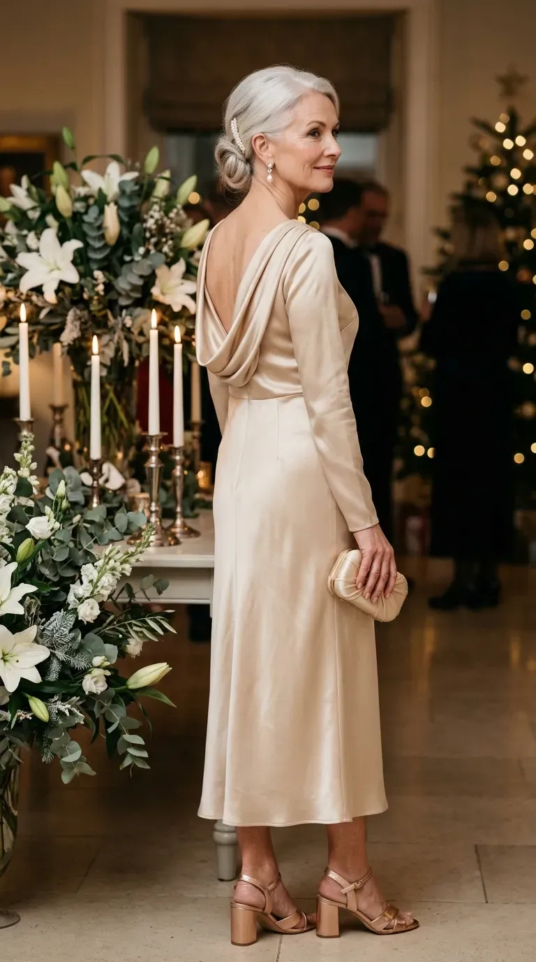 Woman over 50 in champagne silk midi dress and rose gold heels at a formal Christmas celebration