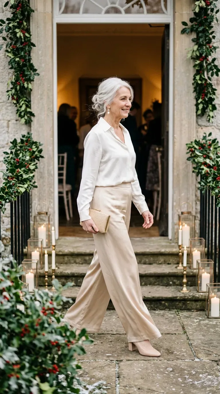 Woman over 50 in champagne silk wide-leg trousers and ivory blouse at a Christmas wedding