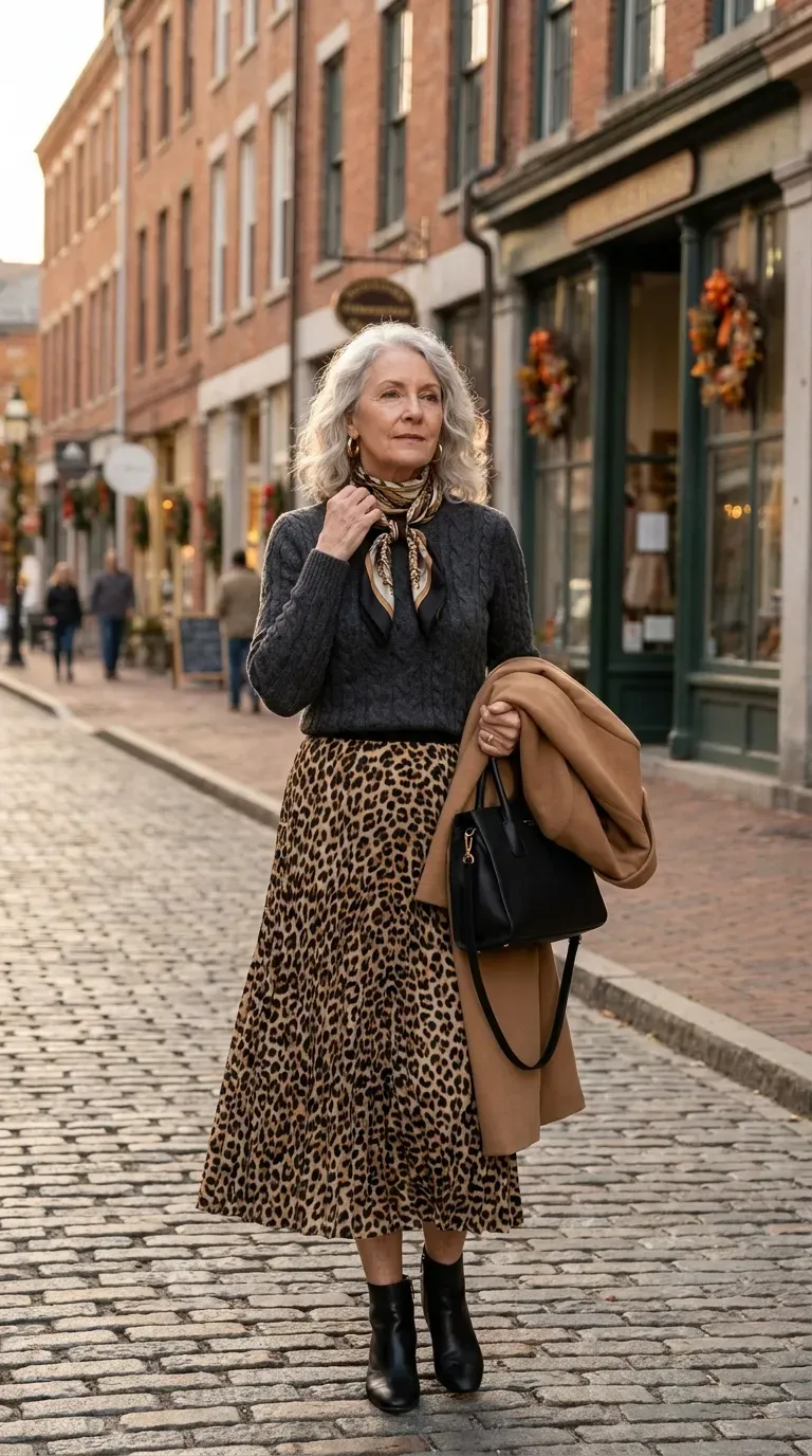 White woman in a charcoal cable sweater and leopard pleated skirt adjusting her scarf on a brick street