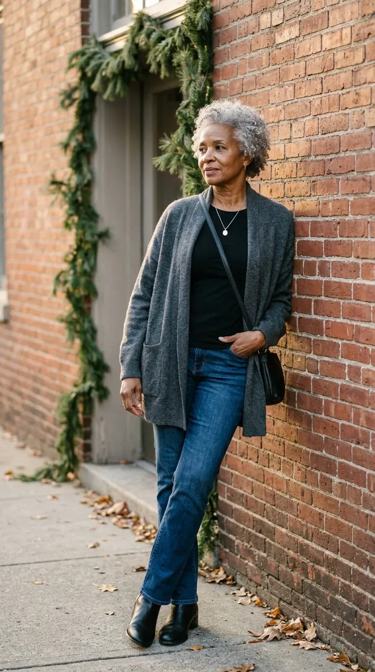 Woman over 50 in charcoal cardigan, black tee and indigo jeans leaning on a brick wall