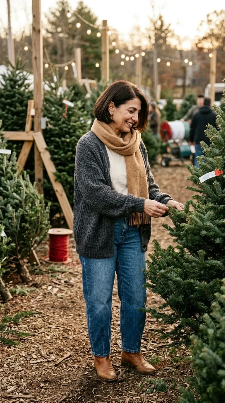 Woman over 50 in charcoal cardigan, cream tee and barrel jeans at a tree lot