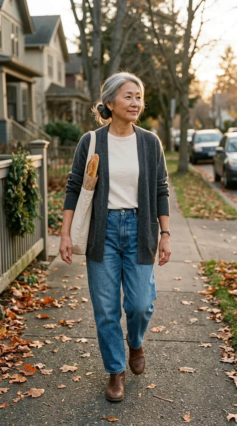 Woman over 50 in charcoal cardigan, cream tee and barrel jeans on a quiet residential street