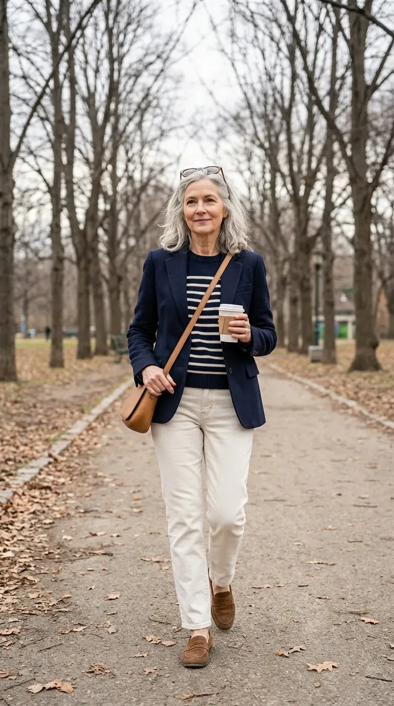 Woman over 50 in charcoal cardigan, cream tee and barrel jeans on a quiet residential street