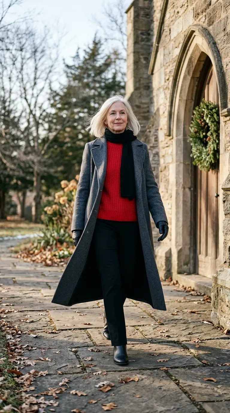 Woman in charcoal duster coat, red sweater and black trousers walking by a church