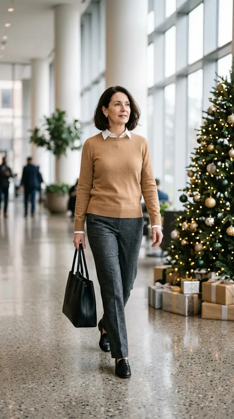 Woman over 50 in charcoal flannel trousers and camel knit in a bright office lobby