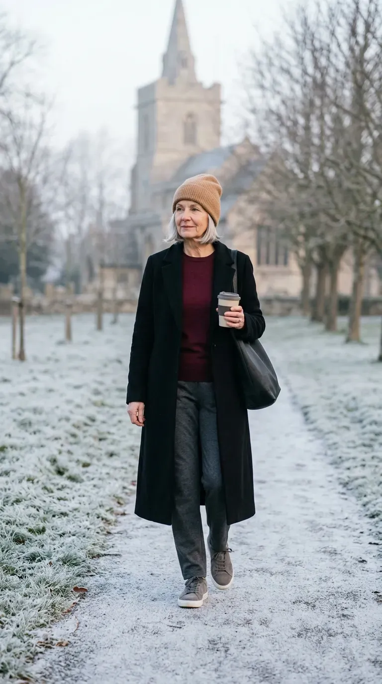 White woman in charcoal joggers and burgundy knit walking a frosty path to church
