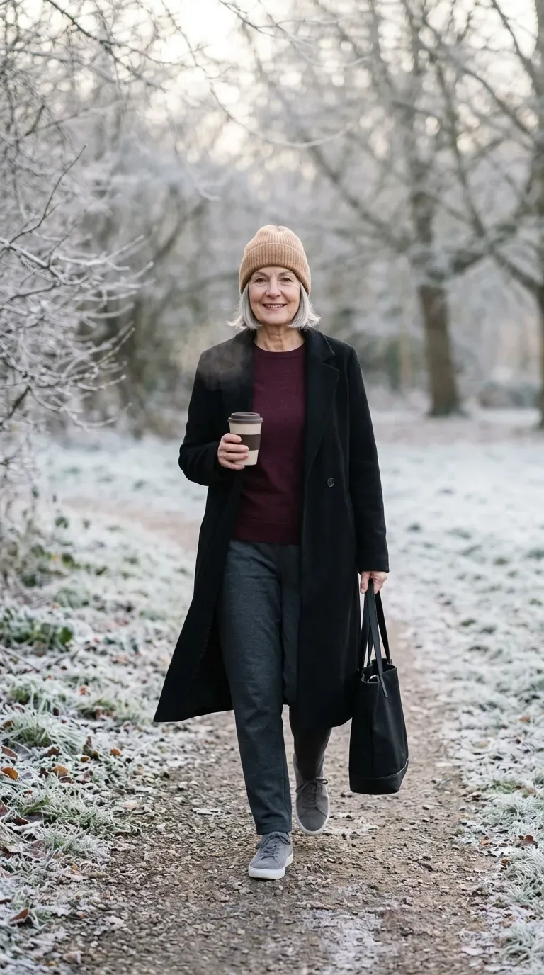 White woman in charcoal joggers, burgundy knit and gray sneakers walking in a frosty park