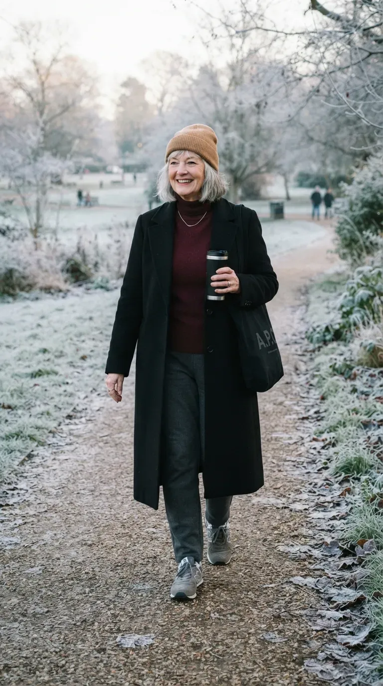 White plus-size woman in charcoal joggers, burgundy knit and a wool coat walking a frosty park