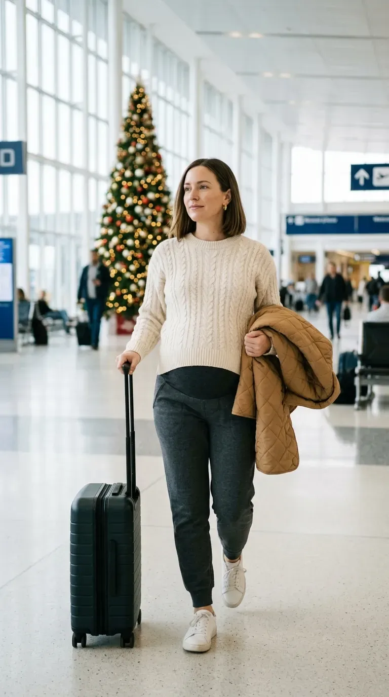 Pregnant woman in charcoal joggers and cream cable knit sweater at a bright airport terminal