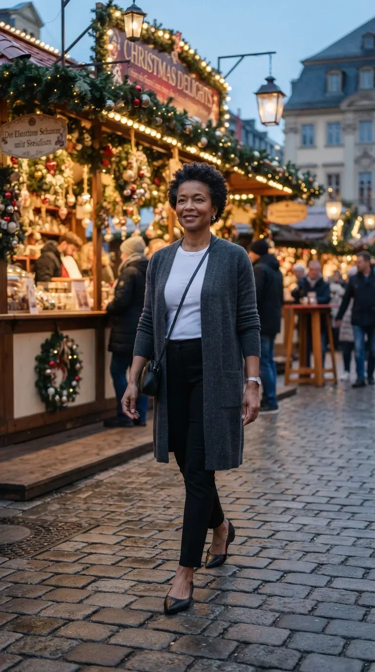 Petite woman over 50 in charcoal longline cardigan and slim black trousers at a Christmas market
