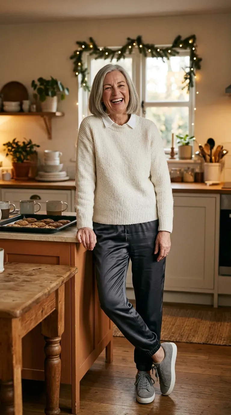 White woman in charcoal satin track pants and an ivory sweater laughing in a cozy kitchen