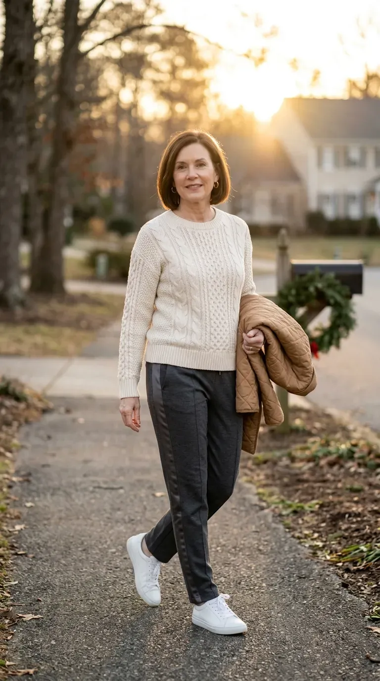 Woman over 50 in charcoal track pants and cream cable knit sweater on a neighborhood path