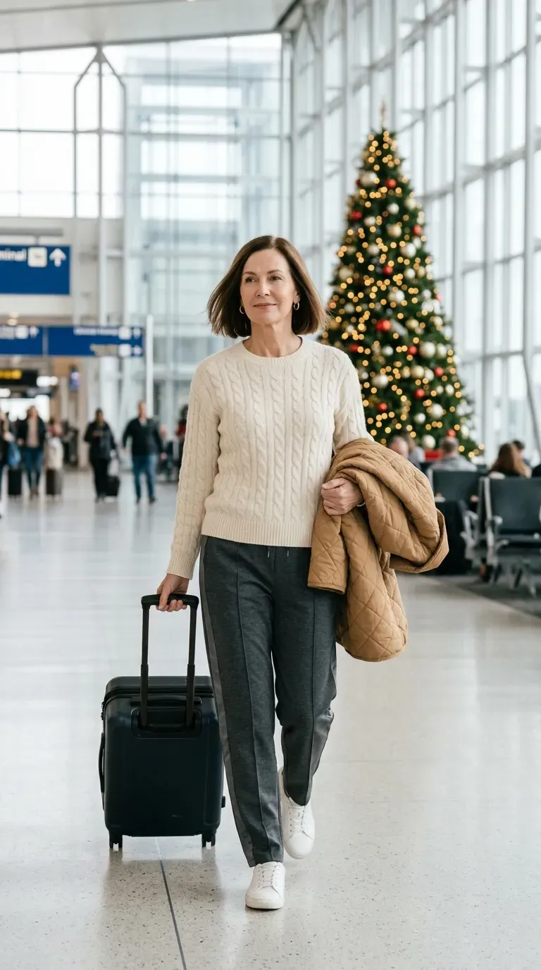 Woman over 50 in charcoal track pants and cream cable knit sweater at a bright airport