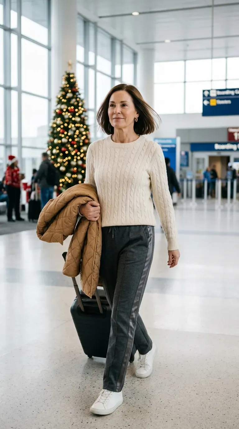 Woman over 50 in charcoal track pants and cream cable knit sweater at a bright airport