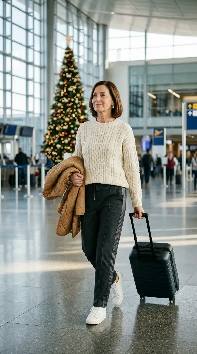 Woman over 50 in charcoal track pants and cream cable knit sweater at a bright airport terminal