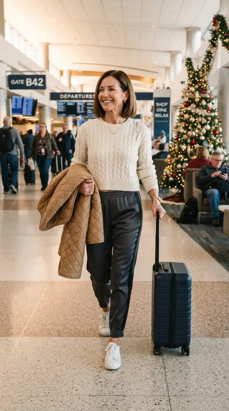 Petite woman over 50 in charcoal track pants and cream cable knit at a bright airport terminal