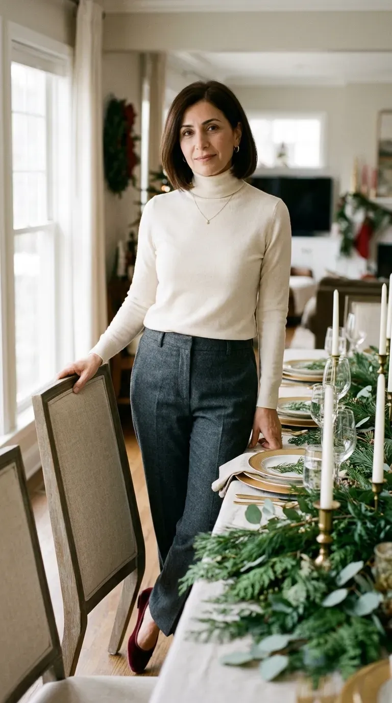 Woman over 50 in charcoal trousers, cream turtleneck and velvet flats at a holiday table